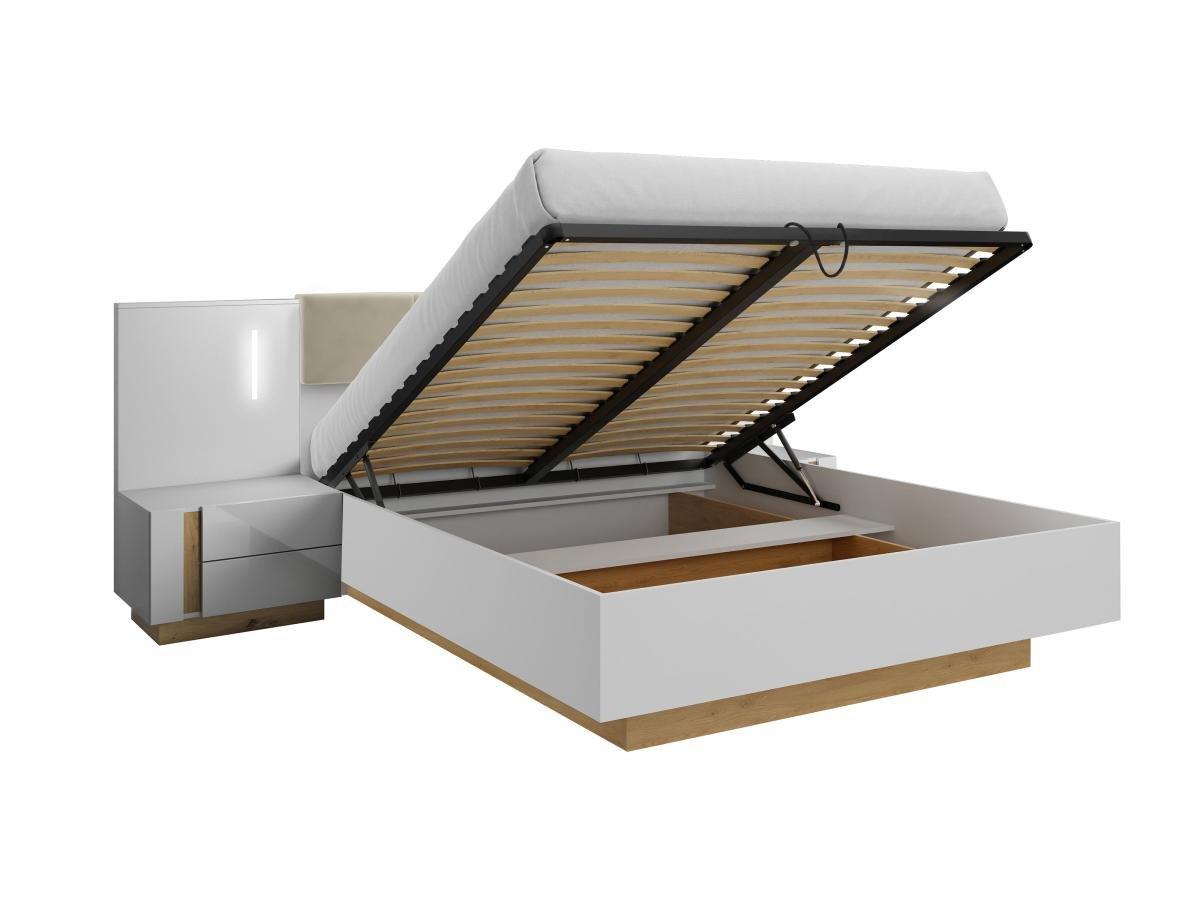 Vente-unique Lit coffre avec chevets 160 x 200 cm - Avec LEDs - Blanc et naturel + Matelas - MURARI  