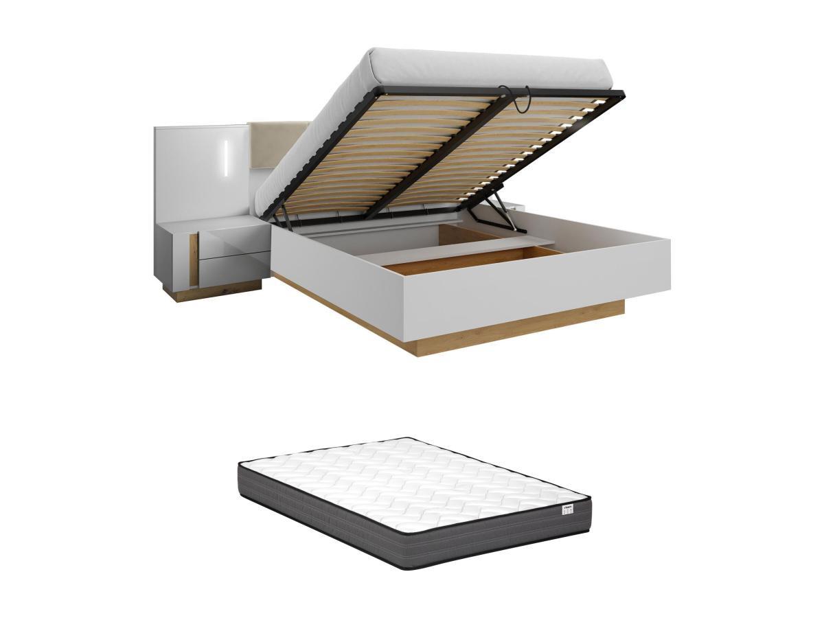 Vente-unique Lit coffre avec chevets 160 x 200 cm - Avec LEDs - Blanc et naturel + Matelas - MURARI  