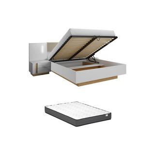 Vente-unique Letto con contenitore con comodini 160 x 200 cm con LED Bianco e Naturale + Materasso - MURARI  