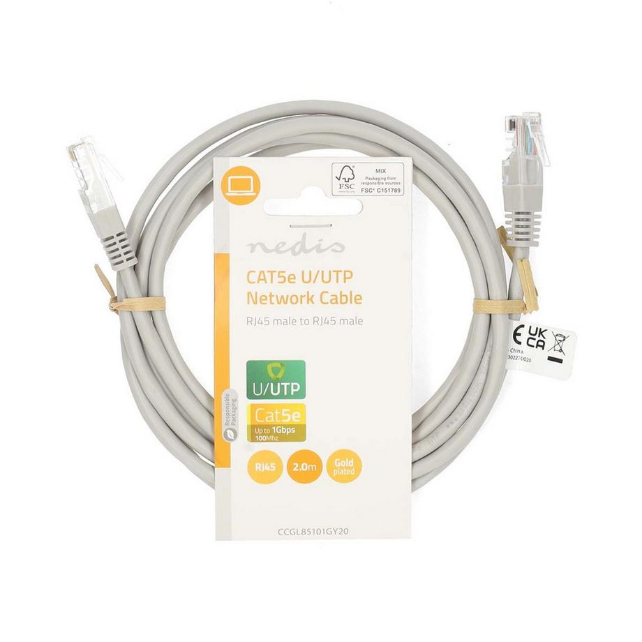 Nedis  Cavo di rete CAT5e | U/UTP | RJ45 maschio | RJ45 maschio | 2,00 m | Rotondo | PVC | Grigio | Etichetta 