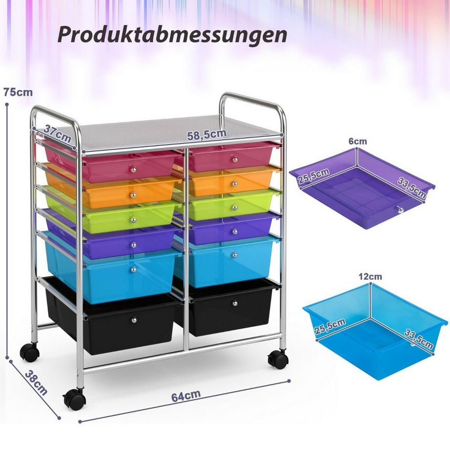 Northio Rollwagen Metallgestell Rollcontainer 12 Schubladen Badrollwagen mit Bremsen Beistellwagen rollbar Bunt  