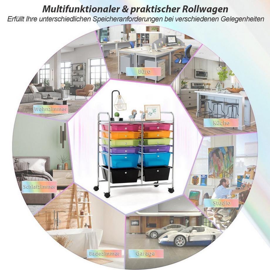 Northio Rollwagen Metallgestell Rollcontainer 12 Schubladen Badrollwagen mit Bremsen Beistellwagen rollbar Bunt  
