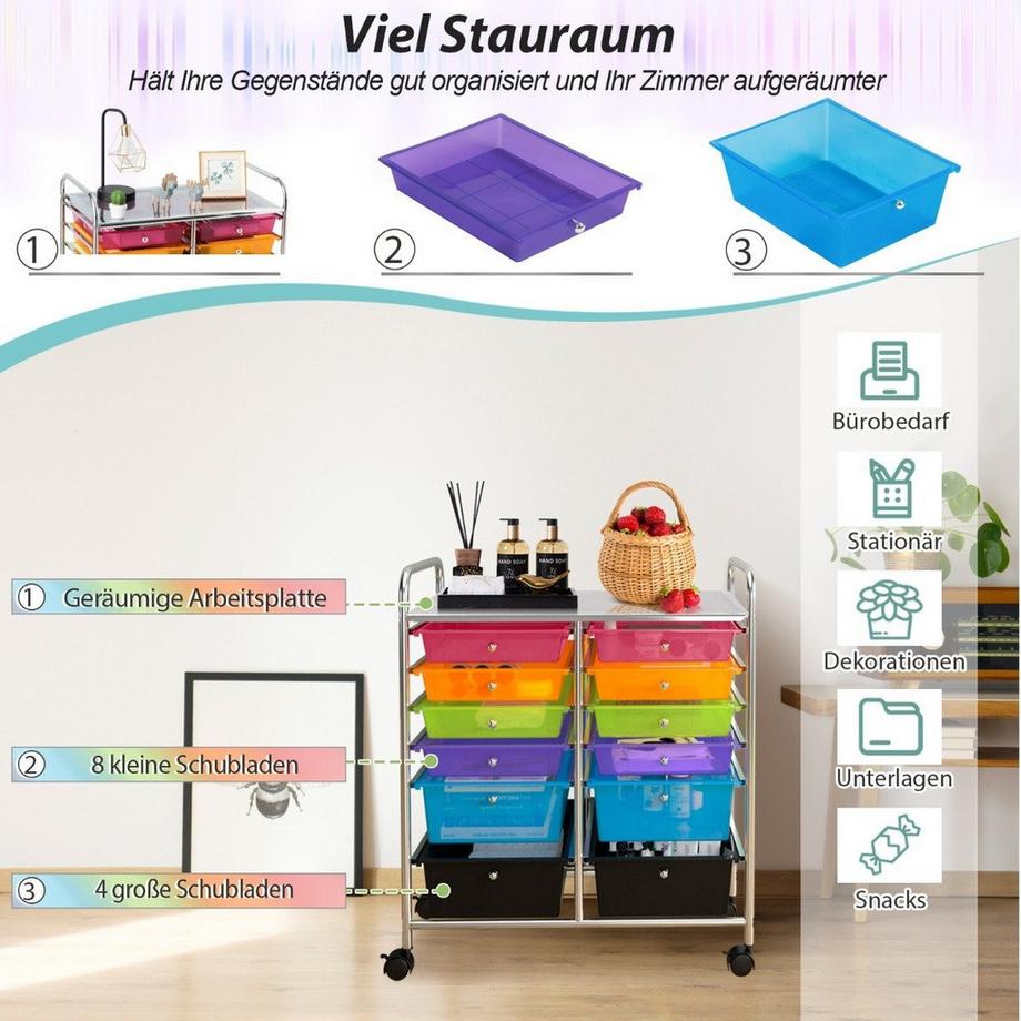 Northio Rollwagen Metallgestell Rollcontainer 12 Schubladen Badrollwagen mit Bremsen Beistellwagen rollbar Bunt  