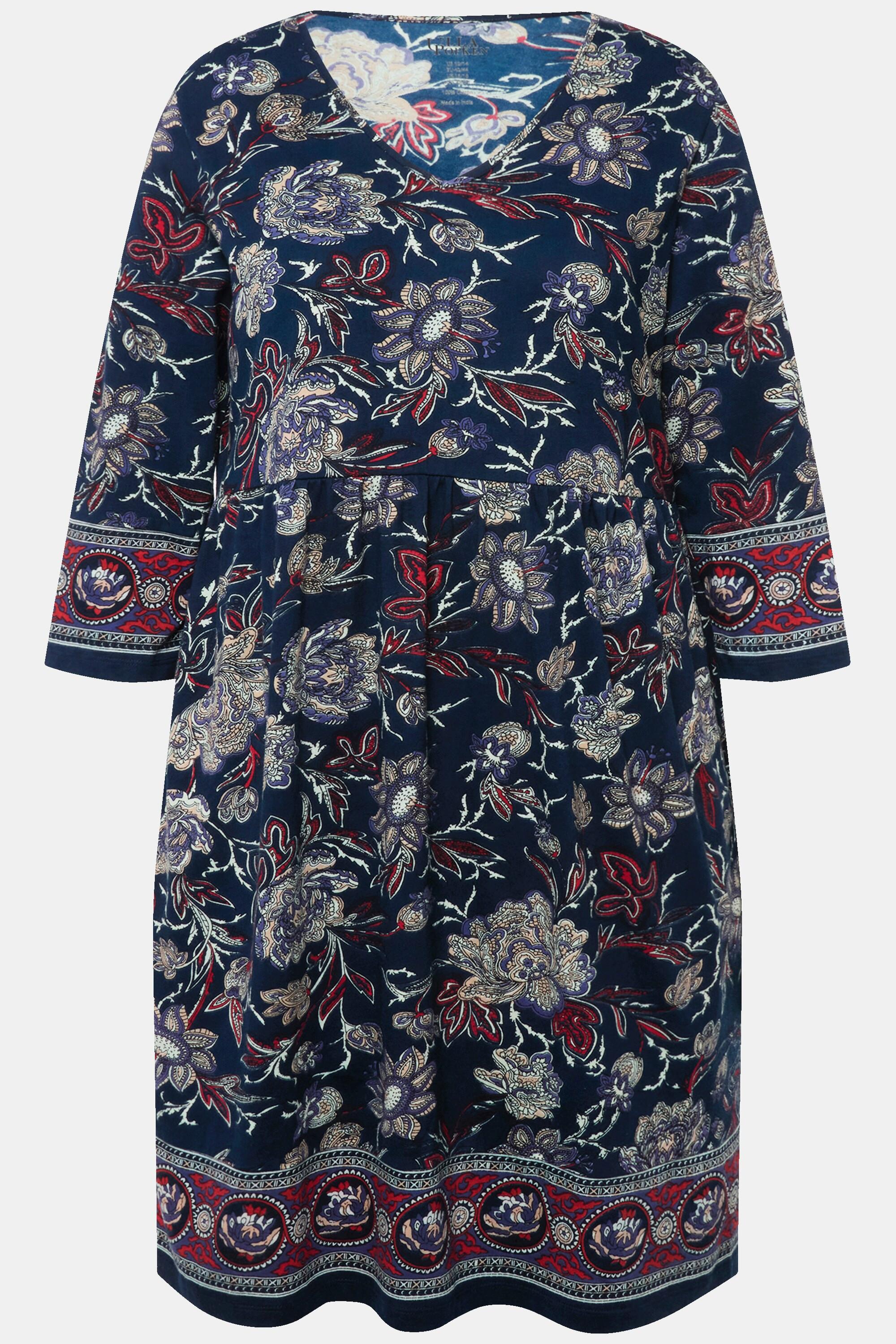 Ulla Popken  Robe en jersey à fleurs, coupe évasée. Décolleté en V et manches 3/4. 