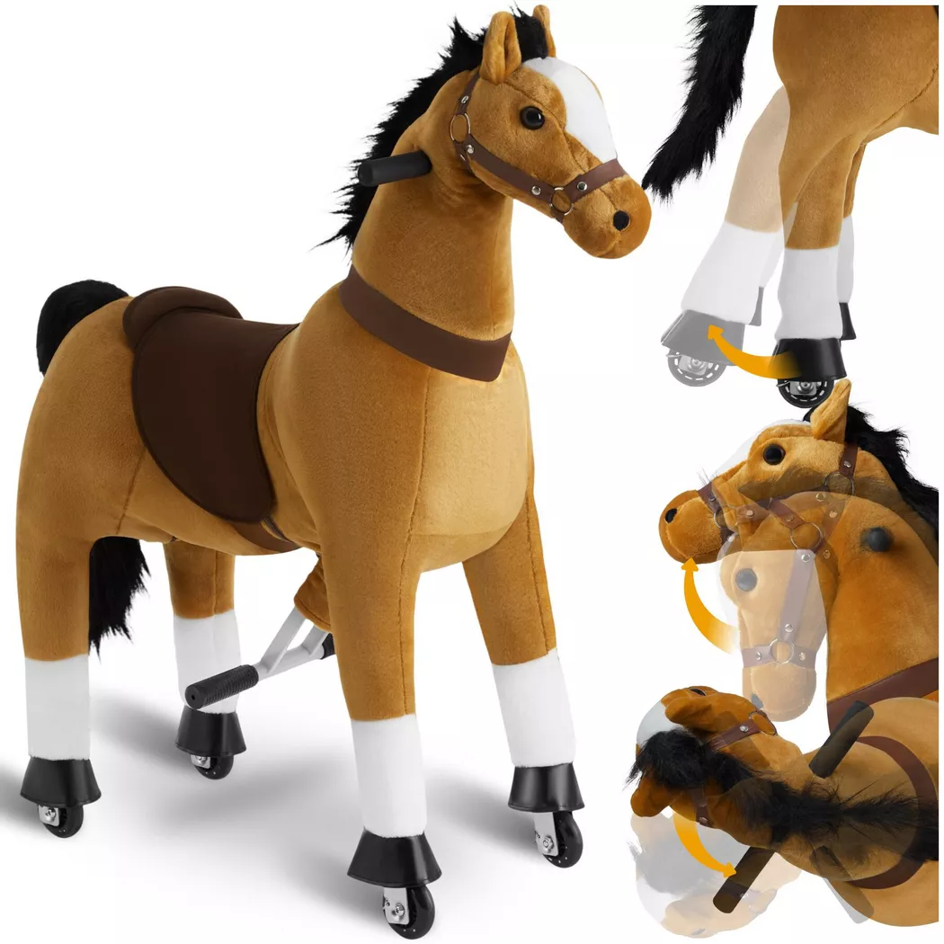 Tectake - Caballo balancín con ruedas, felpa, diseño realista, Caballito de montar con un diseño realista y movimiento suave, Tapizado en un suave peluche y con una estructura estable de acero, Agarre