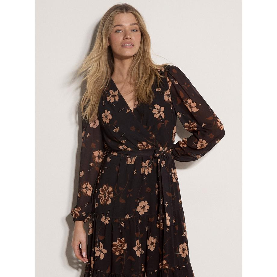 APRICOT Robe mi-longue en mousseline à imprimé floral et jupe à volants  