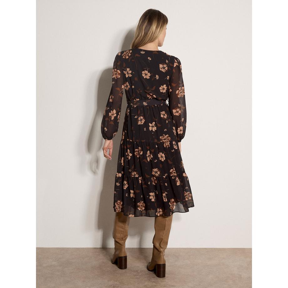 APRICOT Robe mi-longue en mousseline à imprimé floral et jupe à volants  