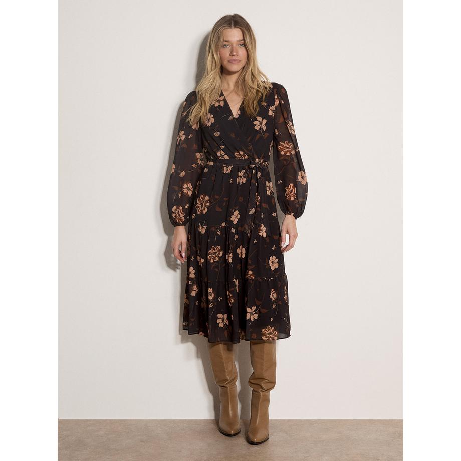 Robe mi-longue à volants en mousseline à imprimé floral