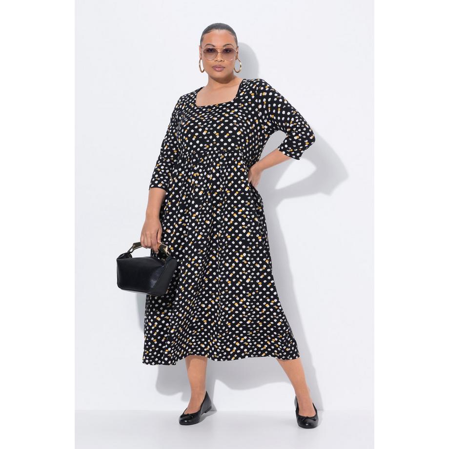 Ulla Popken Robe Maxi Pois Coupe Évasée Décolleté Carré Manches 3/4  