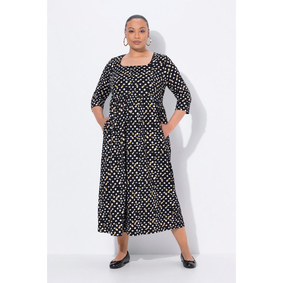 Ulla Popken Robe Maxi Pois Coupe Évasée Décolleté Carré Manches 3/4  