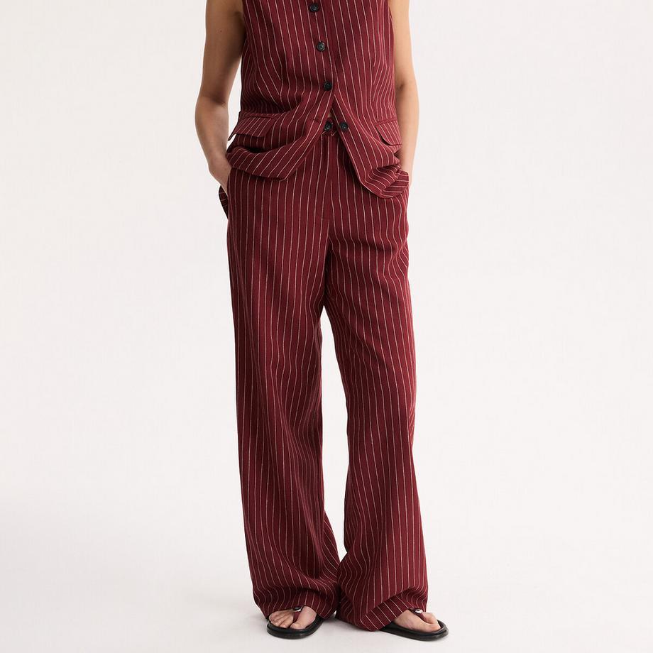 Pantalon large rayé en lin et viscose