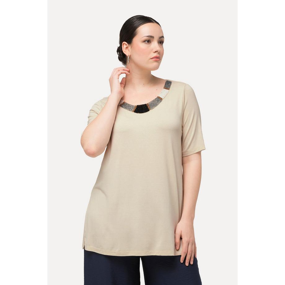 Ulla Popken T-shirt Broderie à Perles Ligne A Col Rond Manches Courtes  