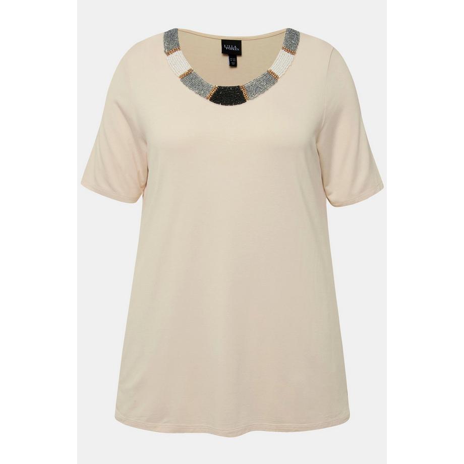 Ulla Popken T-shirt Broderie à Perles Ligne A Col Rond Manches Courtes  