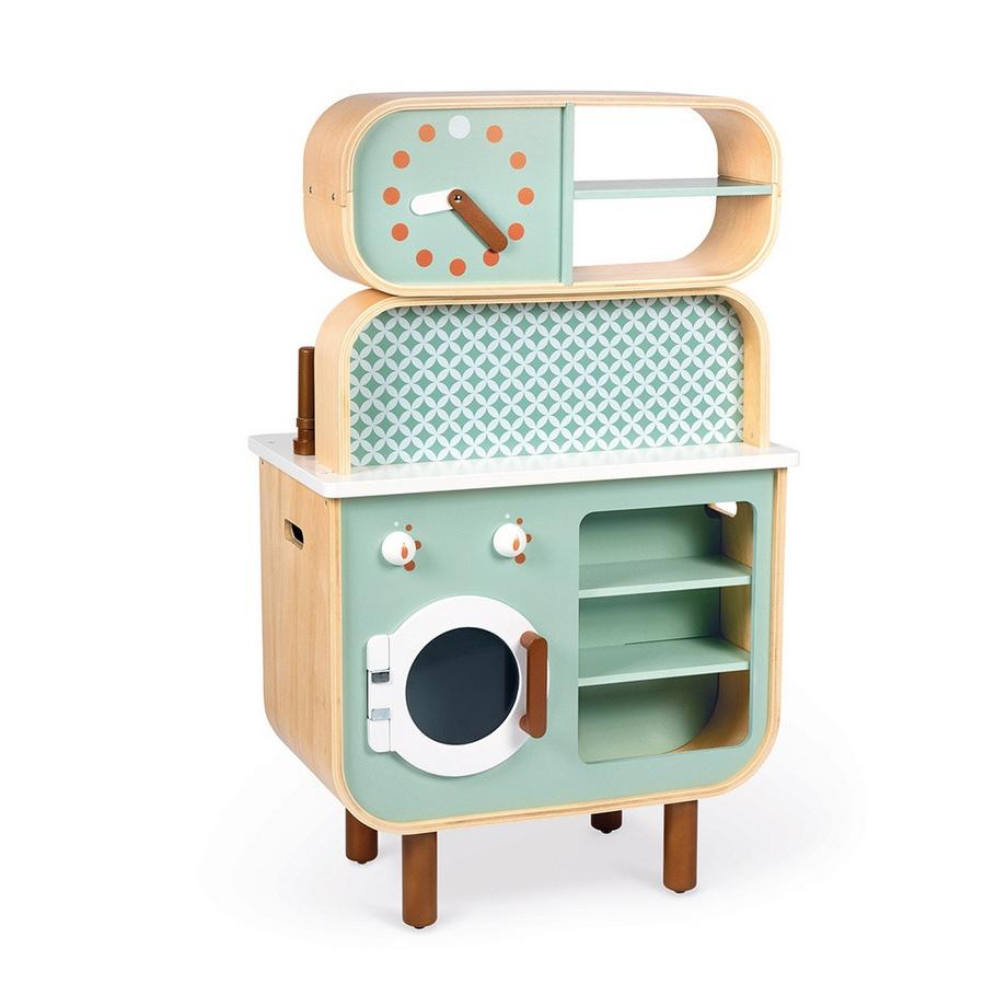 Janod  Holz Kinderspielküche ‘Reverso’ Doppelseitige Spielküche Holzküche für Kinder Kinderküche mit Licht und Sound Mit 7 Zubehörteilen Ab 3 Jahren, J06594 