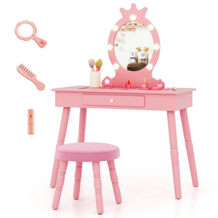 Northix  Schminktisch Kinder mit Beleuchtung 2 in 1 Frisiertisch Prinzessin mit abnehmbarem Spiegel Rosa 