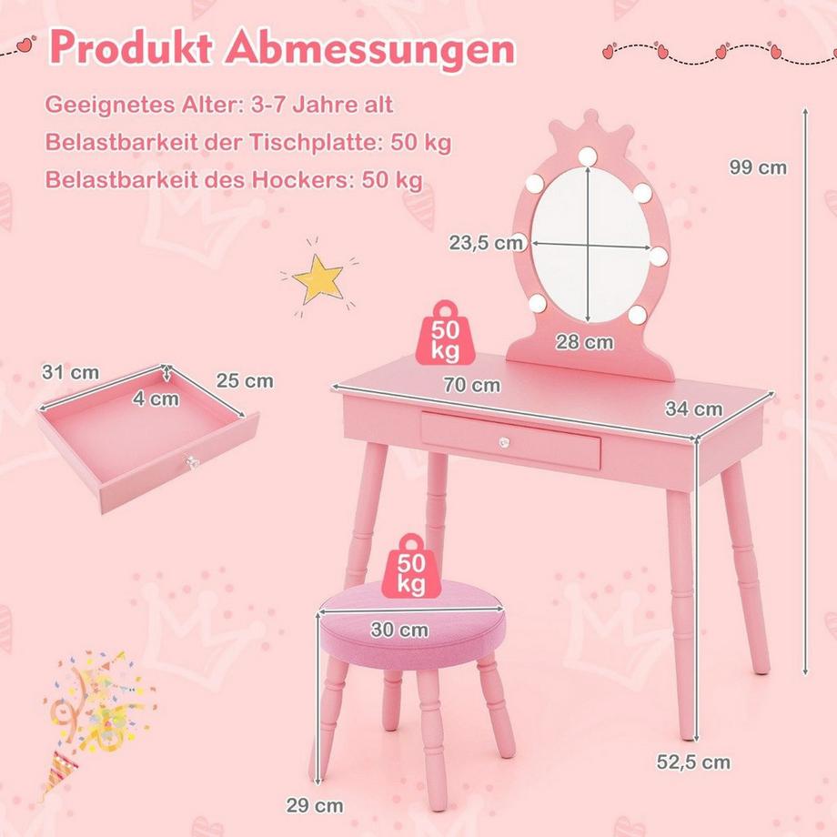 Northix  Schminktisch Kinder mit Beleuchtung 2 in 1 Frisiertisch Prinzessin mit abnehmbarem Spiegel Rosa 