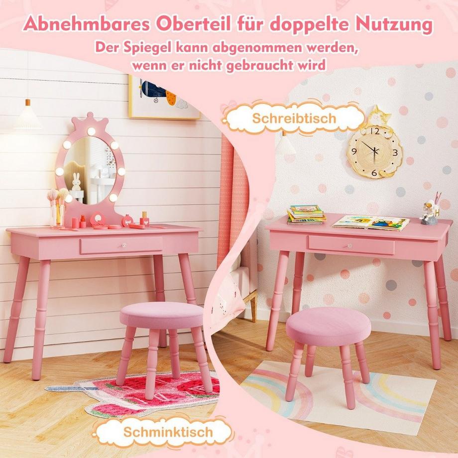 Northix  Schminktisch Kinder mit Beleuchtung 2 in 1 Frisiertisch Prinzessin mit abnehmbarem Spiegel Rosa 