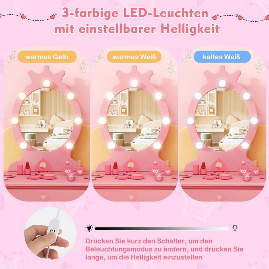 Northix  Schminktisch Kinder mit Beleuchtung 2 in 1 Frisiertisch Prinzessin mit abnehmbarem Spiegel Rosa 