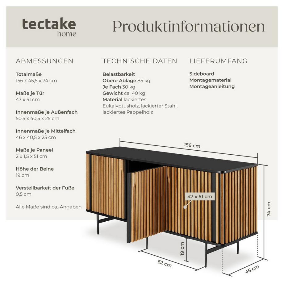 Tectake Buffet LINEO avec 3 compartiments de rangement en bois laqué LINEO avec design à lamelles  