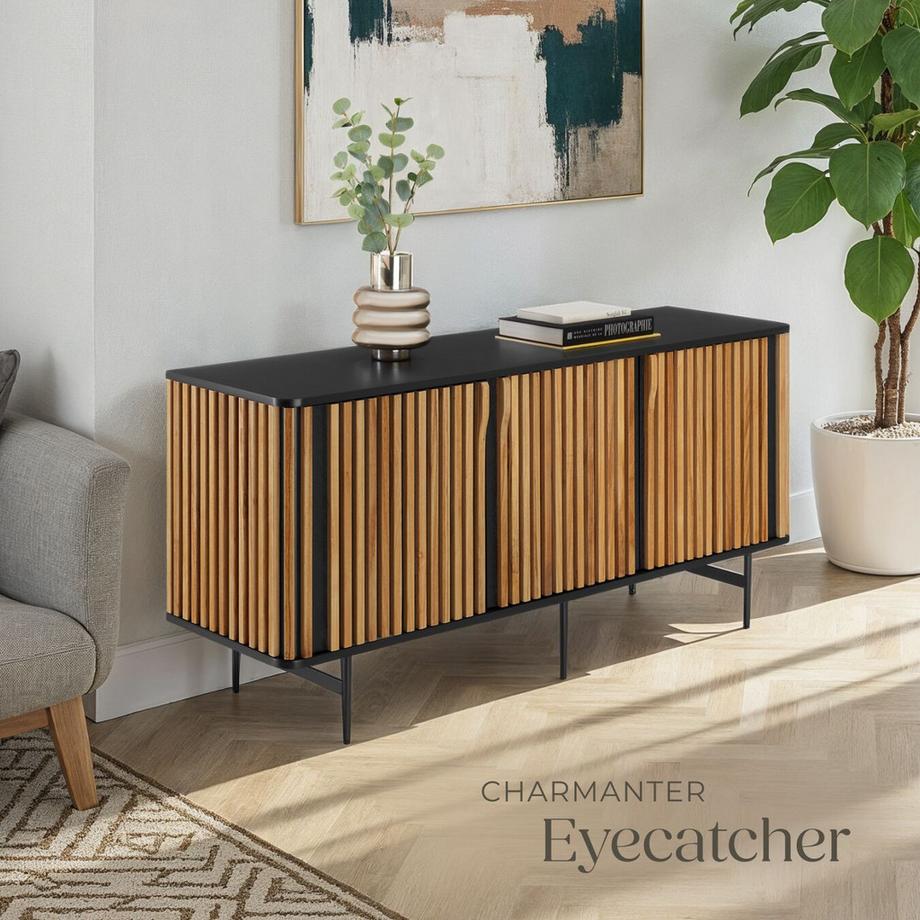 Tectake Sideboard Lineo Holzkorpus mit Lamellendesign 3 Fächer mit Magnettüren und Zwischenböden  