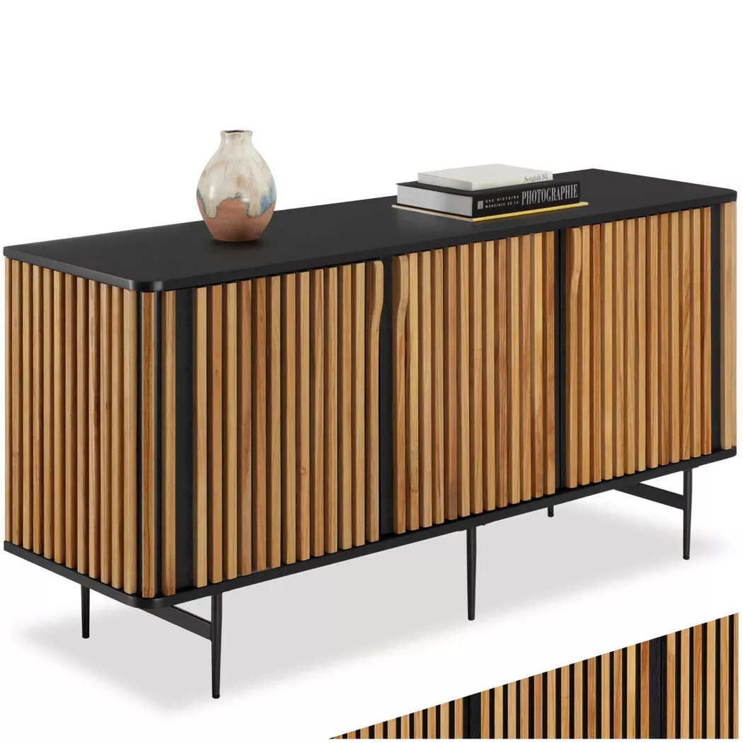 tectake® Sideboard, Holzkorpus mit Lamellendesign, integrierte ergonomische Griffe, 156 x 45,5 x 74 cm, höhenverstellbare Füße