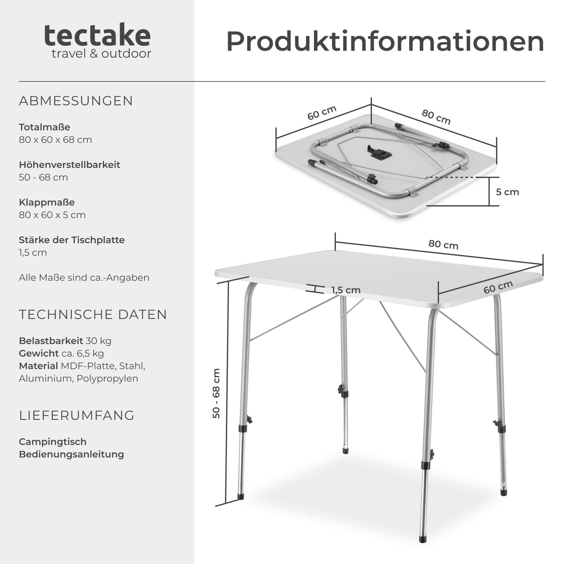 Tectake  Camping Klapptisch höhenverstellbar 80x60x68cm 