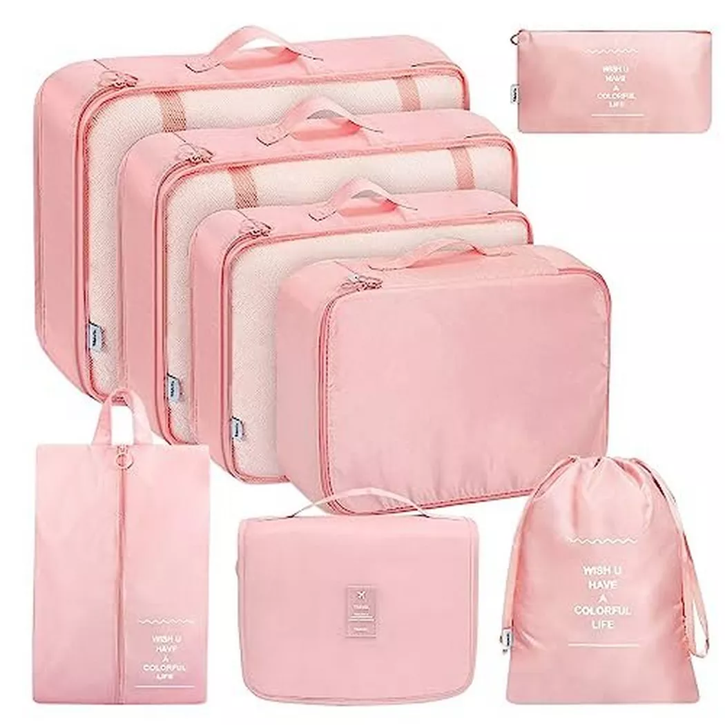 Only-bags.store - 8-teilige Packwürfel, Kleidersäcke, Kofferorganisation für Urlaub und Reisen, Packwürfel-Set, Reisewürfel, Organisationssystem für Koffer - Pink, One Size, Fucsia