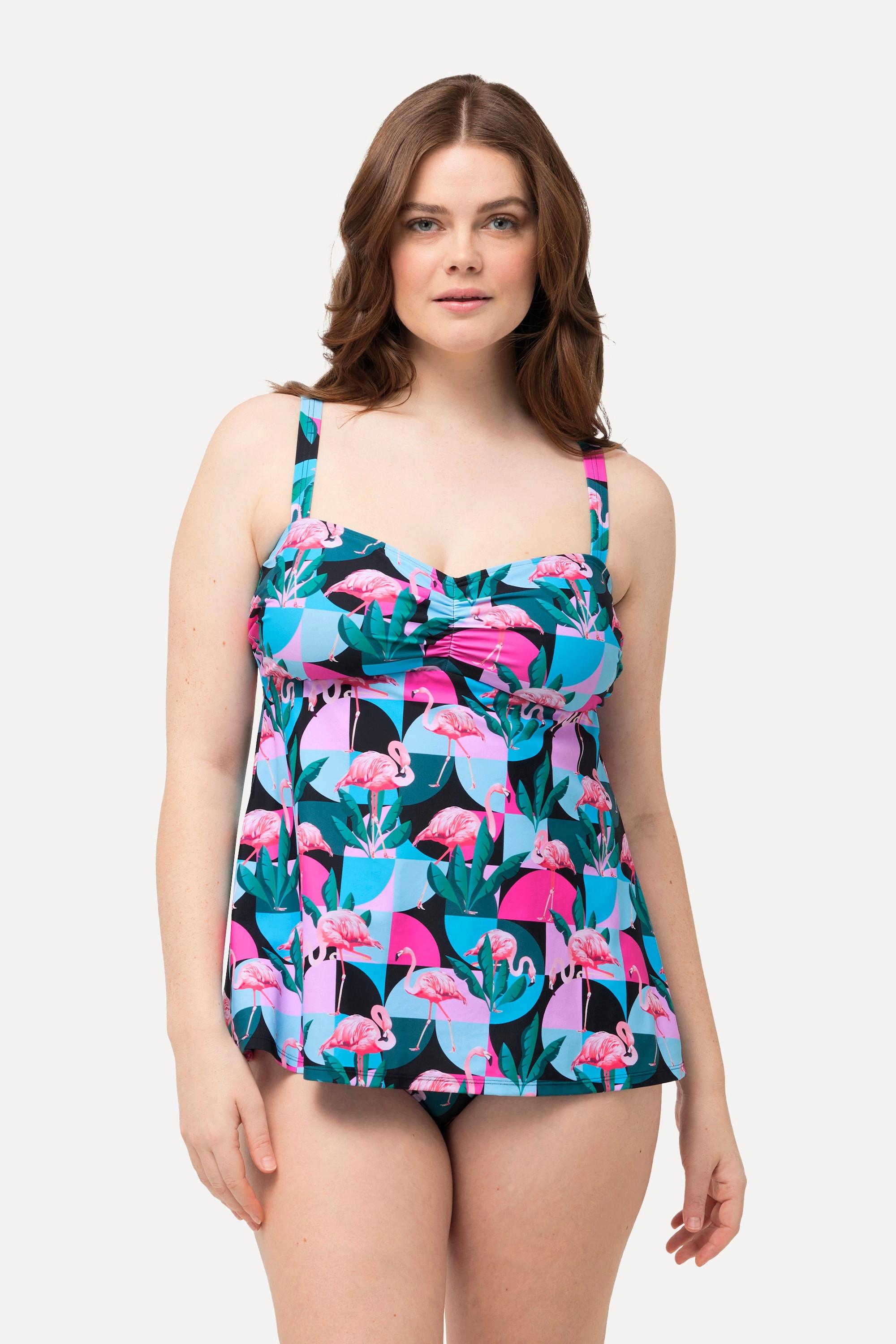 Ulla Popken  Tankini con fenicotteri, coppe morbide, spalline regolabili e materiale riciclato 