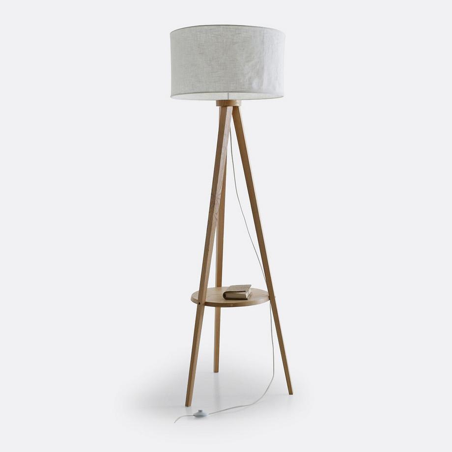 Lampadaire trépied frêne et abat-jour lin