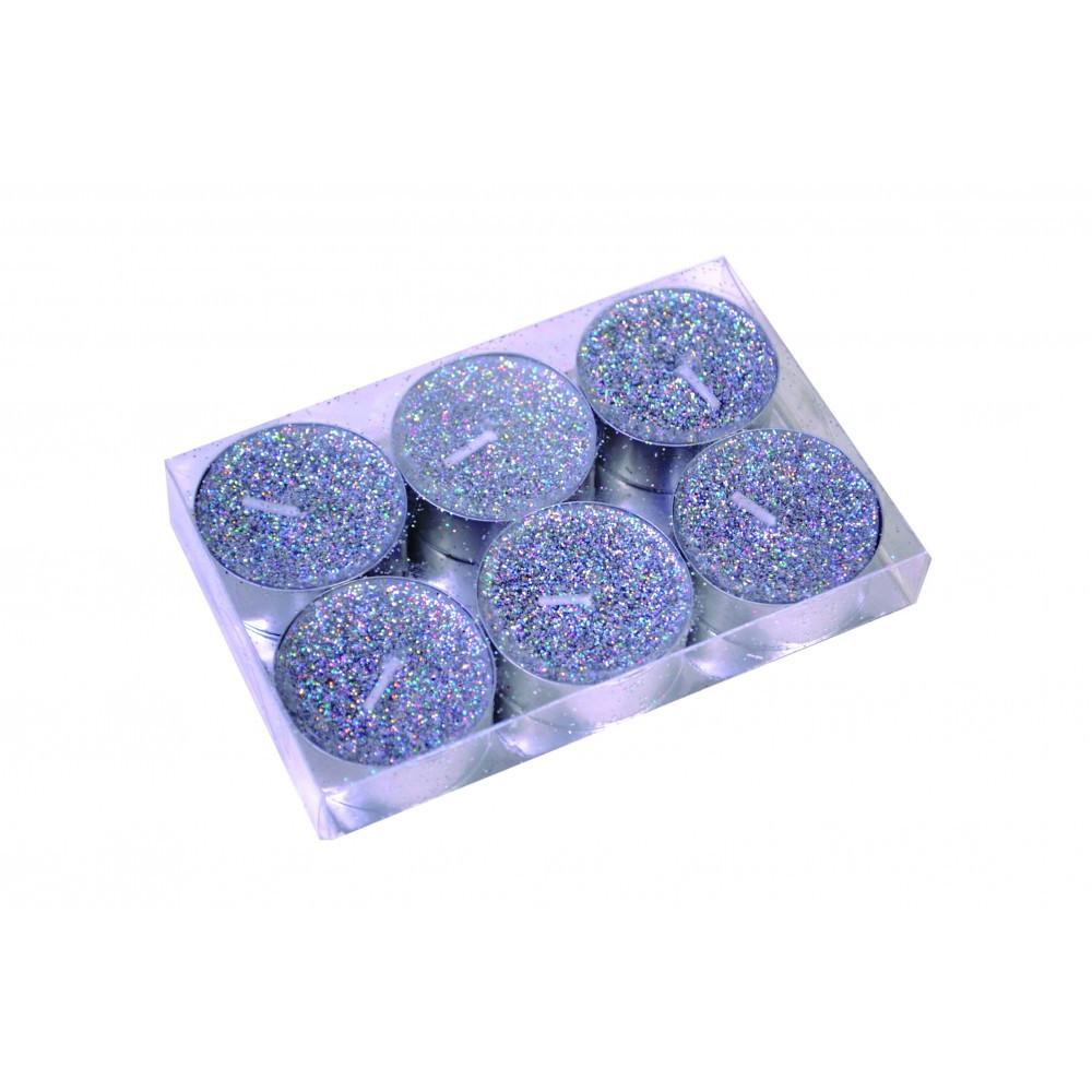 Image of Glitzernde silberne teelichtkerze - packung mit 6 Glitzernde silberne teelichtkerze - packung mit 6