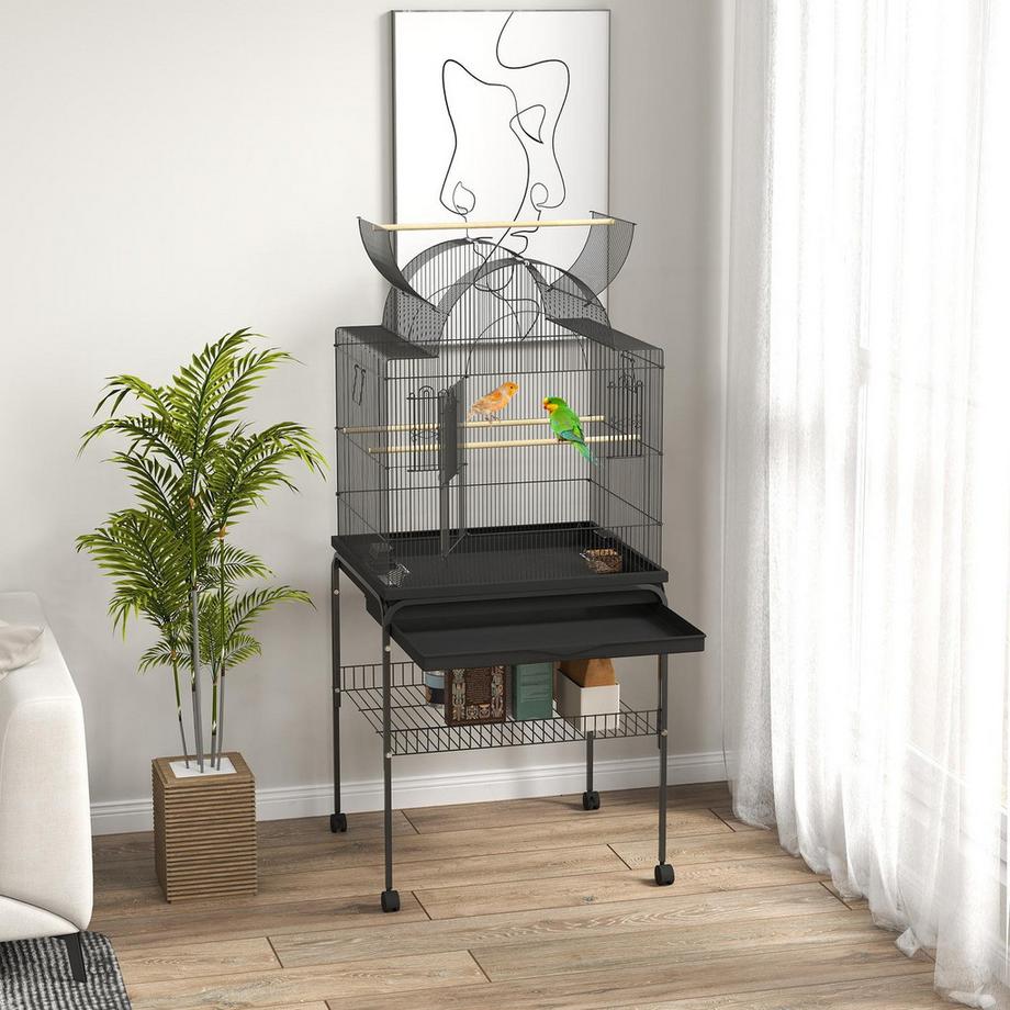 Northio  Cage à oiseaux grande cage à perruches avec plateau, espace de rangement, station d'alimentation, nichoir à roulettes pour canaris, acier 63 x 53 x 144 cm noir 