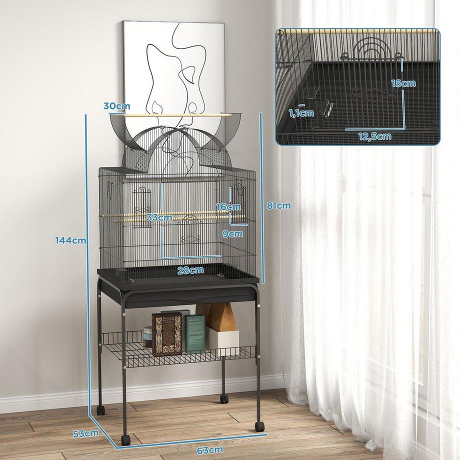 Northio  Cage à oiseaux grande cage à perruches avec plateau, espace de rangement, station d'alimentation, nichoir à roulettes pour canaris, acier 63 x 53 x 144 cm noir 