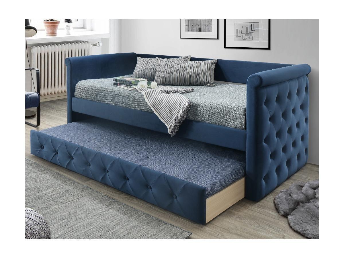 Vente-unique Divano letto a scomparsa 2 + Materasso Tessuto Blu LOUISE  