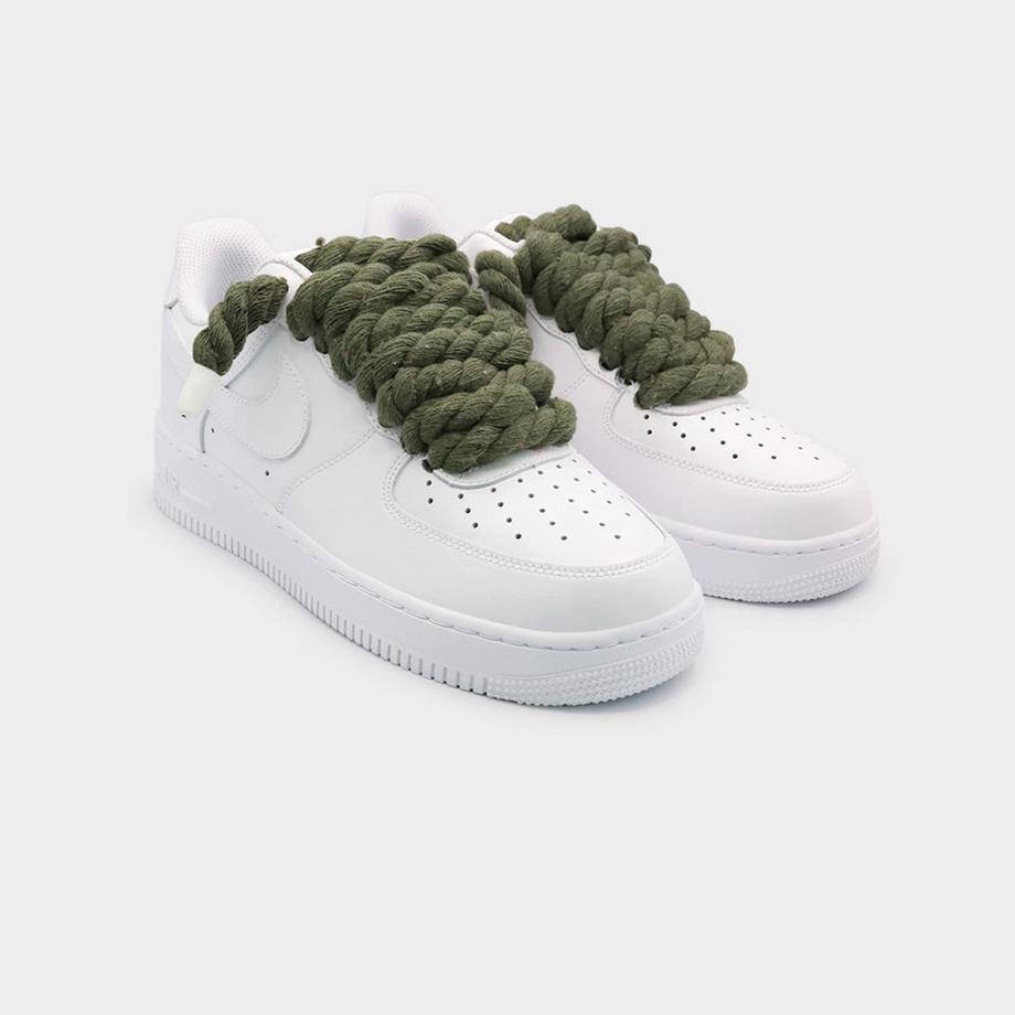 NIKE Air Force 1 White Rope Lace Olive Baskets  