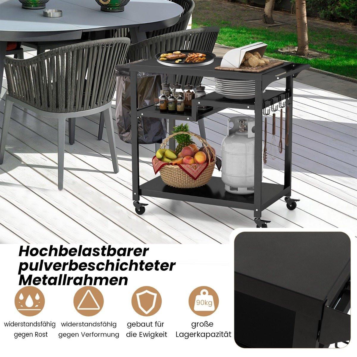 Northix Grillwagen für den Außenbereich mit drei Ablagen 4 feststellbaren Rädern Haken & Seitengriff Schwarz  