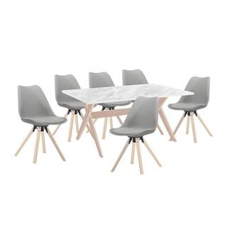 Vente-unique Table à manger 6 personnes en MDF et hêtre - Blanc et naturel clair - SERANI  