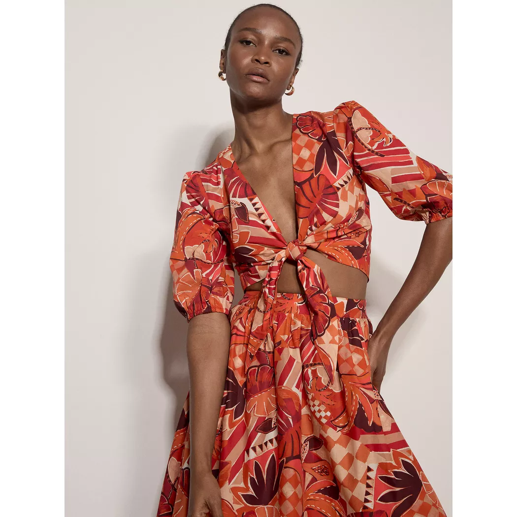 APRICOT - Top mit Patchwork-Muster aus tropischen Blättern und Bindeband vorne, für Damen, Rot Bunt, Größe XL