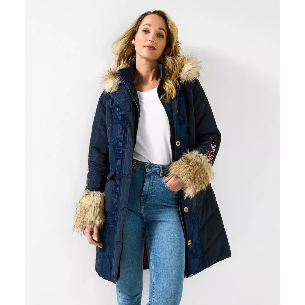 Joe Browns - Marineblauer Parka mit Jacquard-Einsätzen und Kunstfell, für Damen, Größe 40