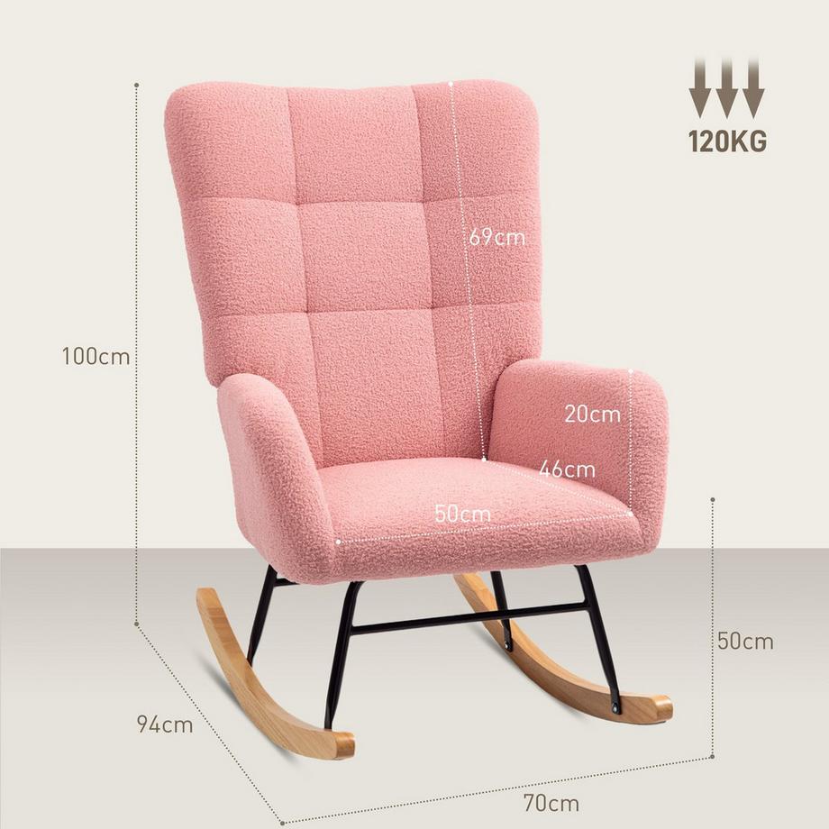 Northio Chaise à bascule, chaise à bascule avec accoudoirs, aspect velours peluche, chaise de relaxation avec patins en bois, balançoire, chaise d'allaitement pour chambre à coucher, salon, rose  