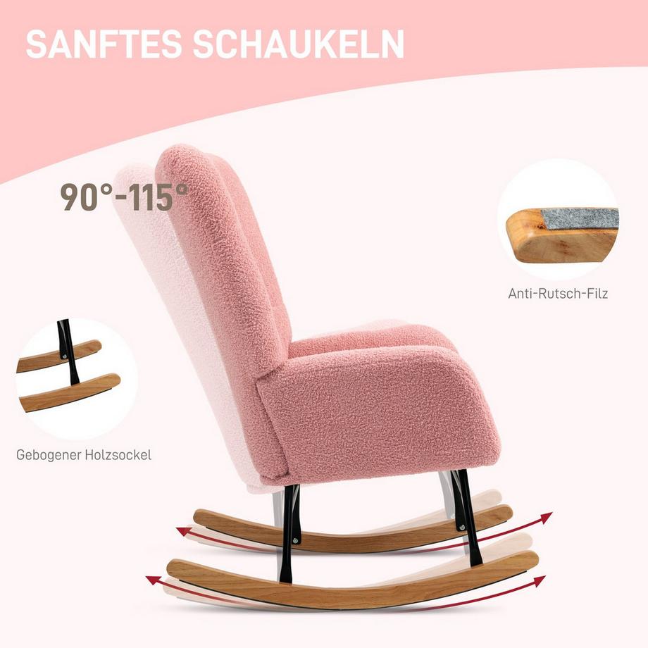 Northio Chaise à bascule, chaise à bascule avec accoudoirs, aspect velours peluche, chaise de relaxation avec patins en bois, balançoire, chaise d'allaitement pour chambre à coucher, salon, rose  