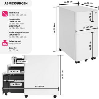 Tectake Aktenrollschrank Parvus, 2 Schubladen, 1 Hängeregister  