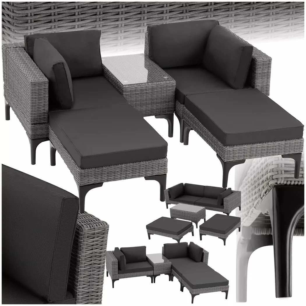 Tectake - Salon en rotin et aluminium Bellaria résistants aux intempéries et aux UV, 5 Stücke, Gris