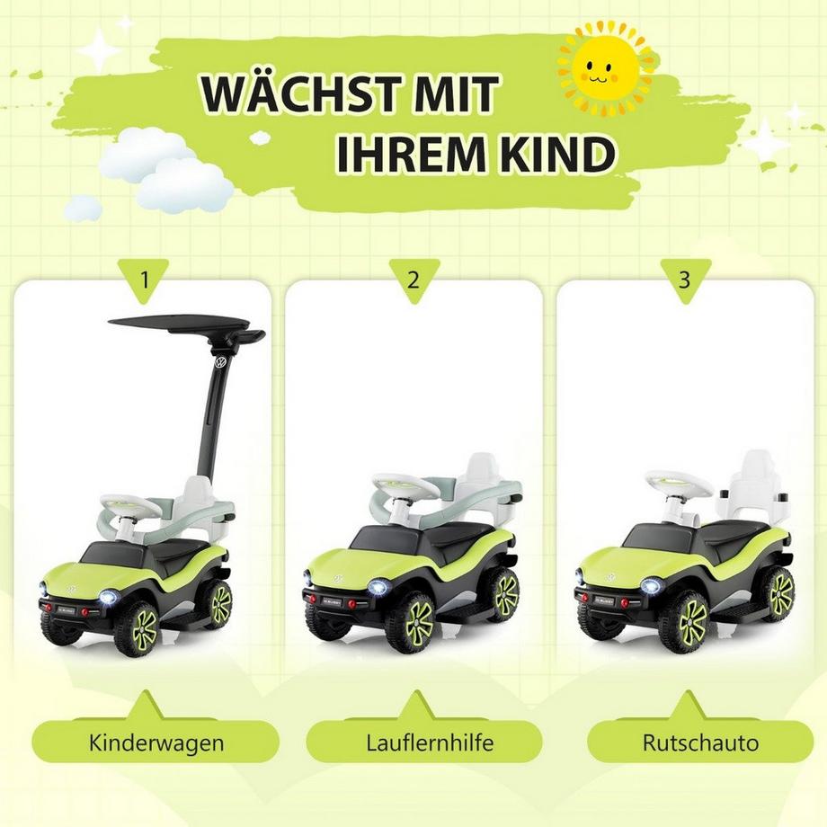Northix  Lizenziertes 3-in-1-Rutschauto von Volkswagen Kinderauto mit Dreifach verstellbarem Schiebegriff 96 x 40 x 93 Grün 