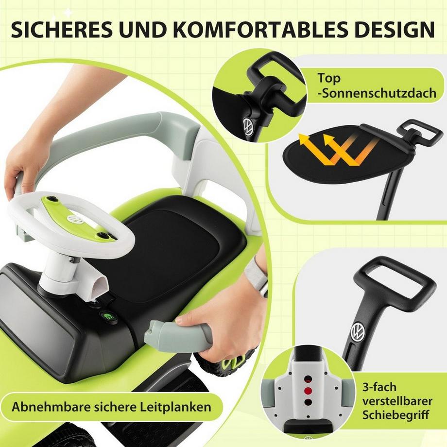Northix  Lizenziertes 3-in-1-Rutschauto von Volkswagen Kinderauto mit Dreifach verstellbarem Schiebegriff 96 x 40 x 93 Grün 