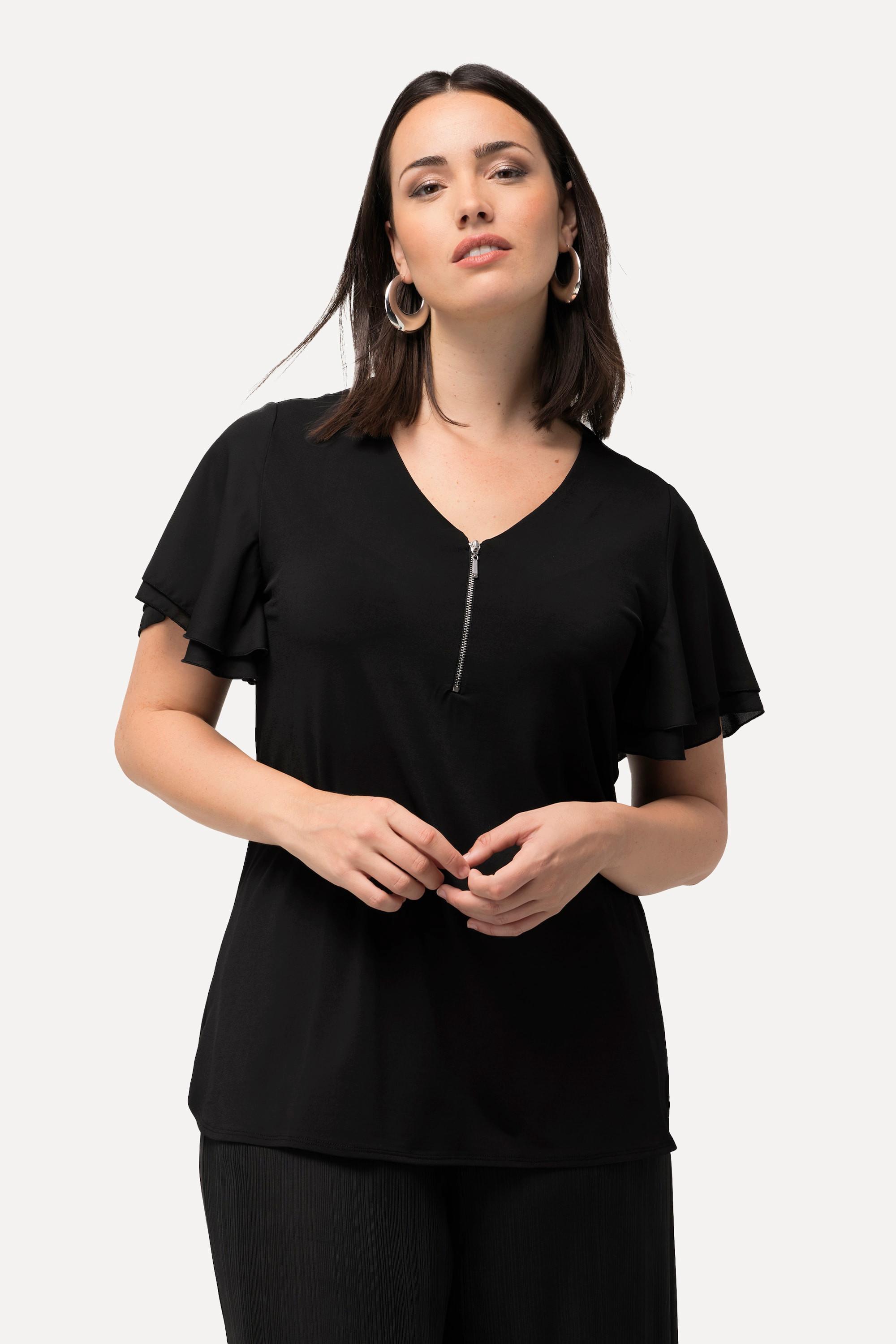 Ulla Popken  T-shirt con zip, scollo a V e mezze maniche ad aletta 