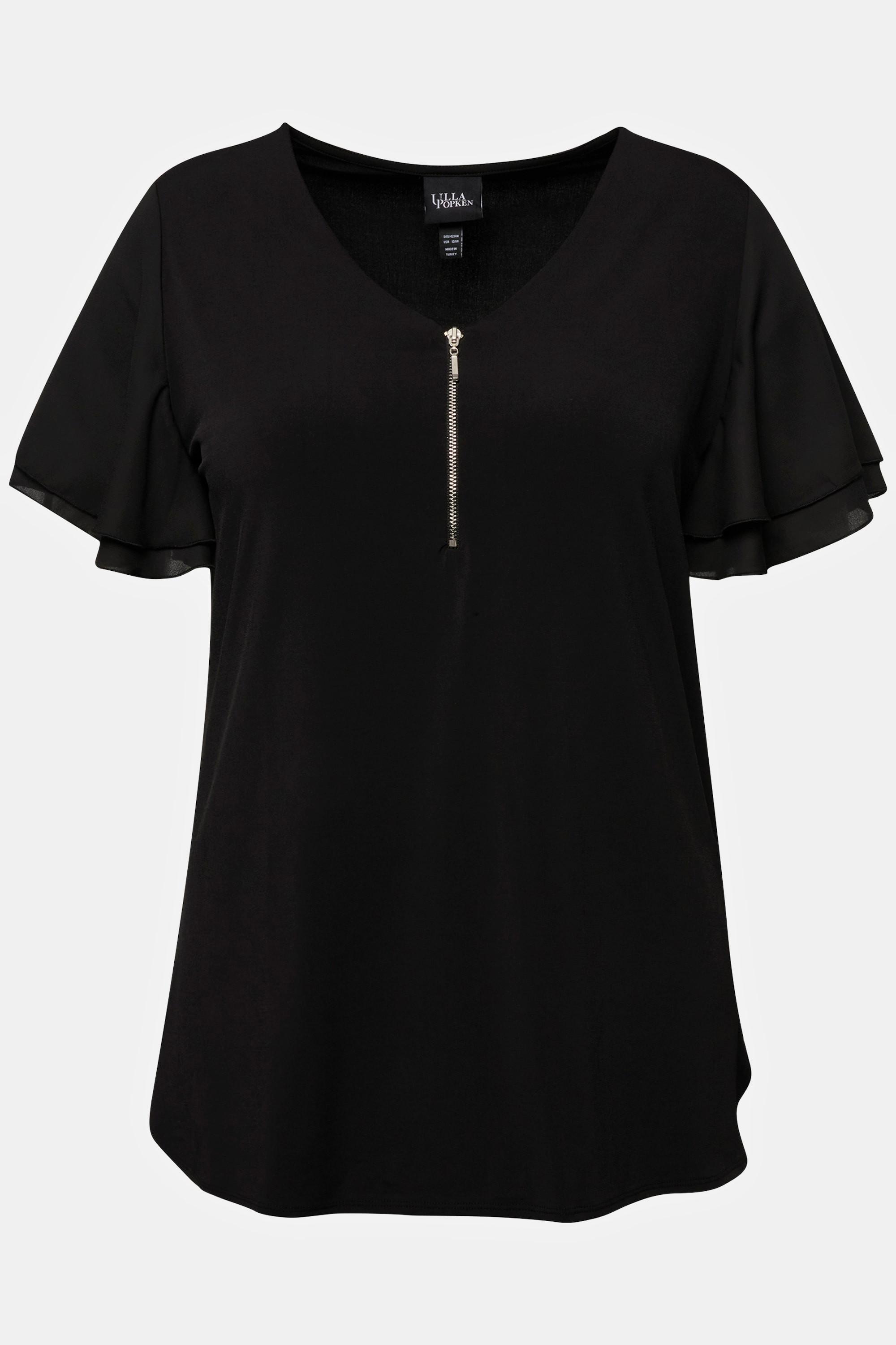 Ulla Popken  T-shirt con zip, scollo a V e mezze maniche ad aletta 