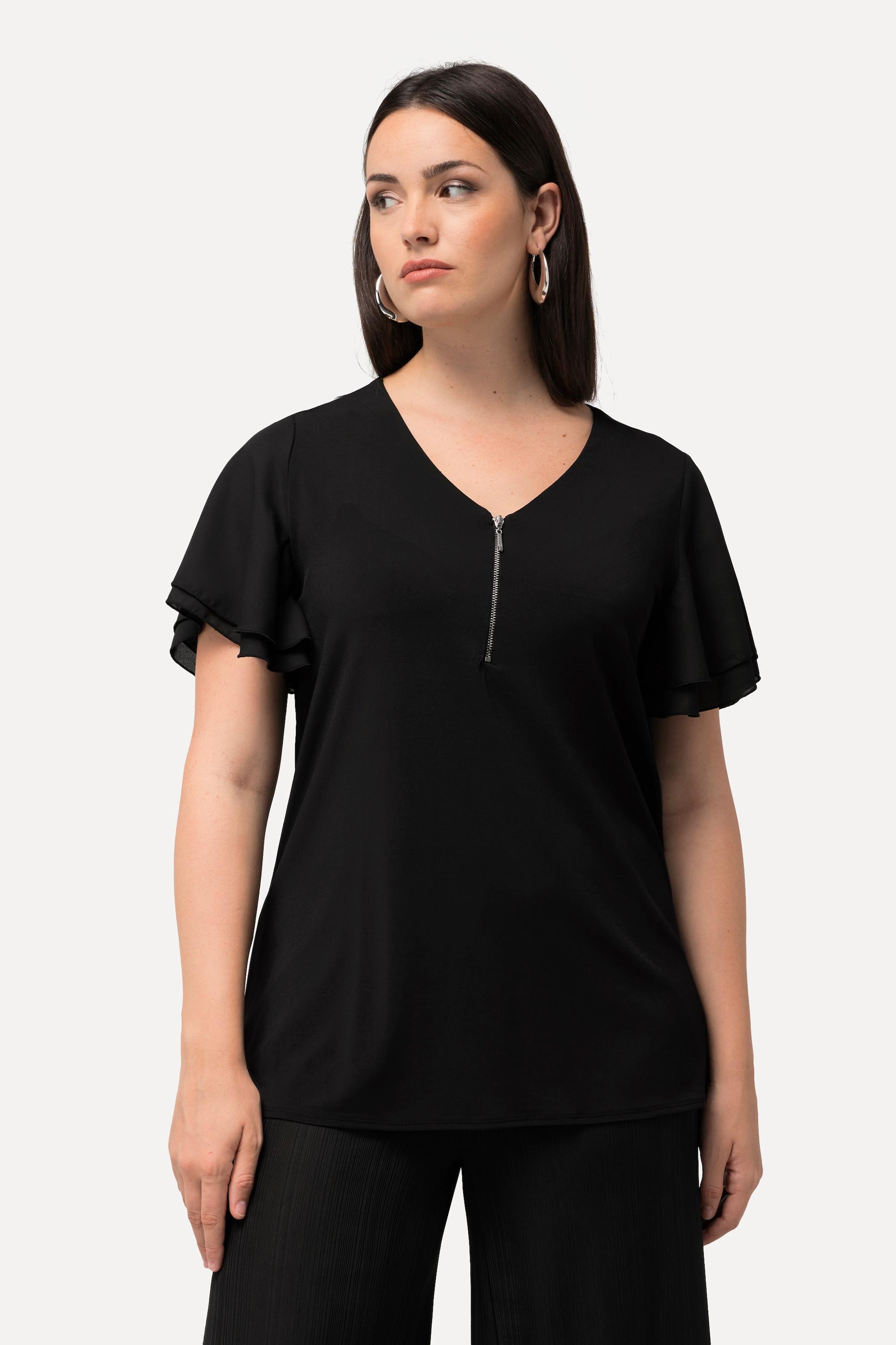 Ulla Popken  T-shirt con zip, scollo a V e mezze maniche ad aletta 