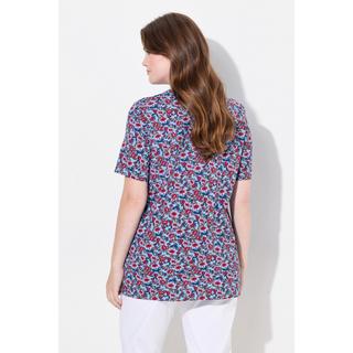 Ulla Popken  T-shirt à fleurs, col en V et manches courtes, coupe évasée 