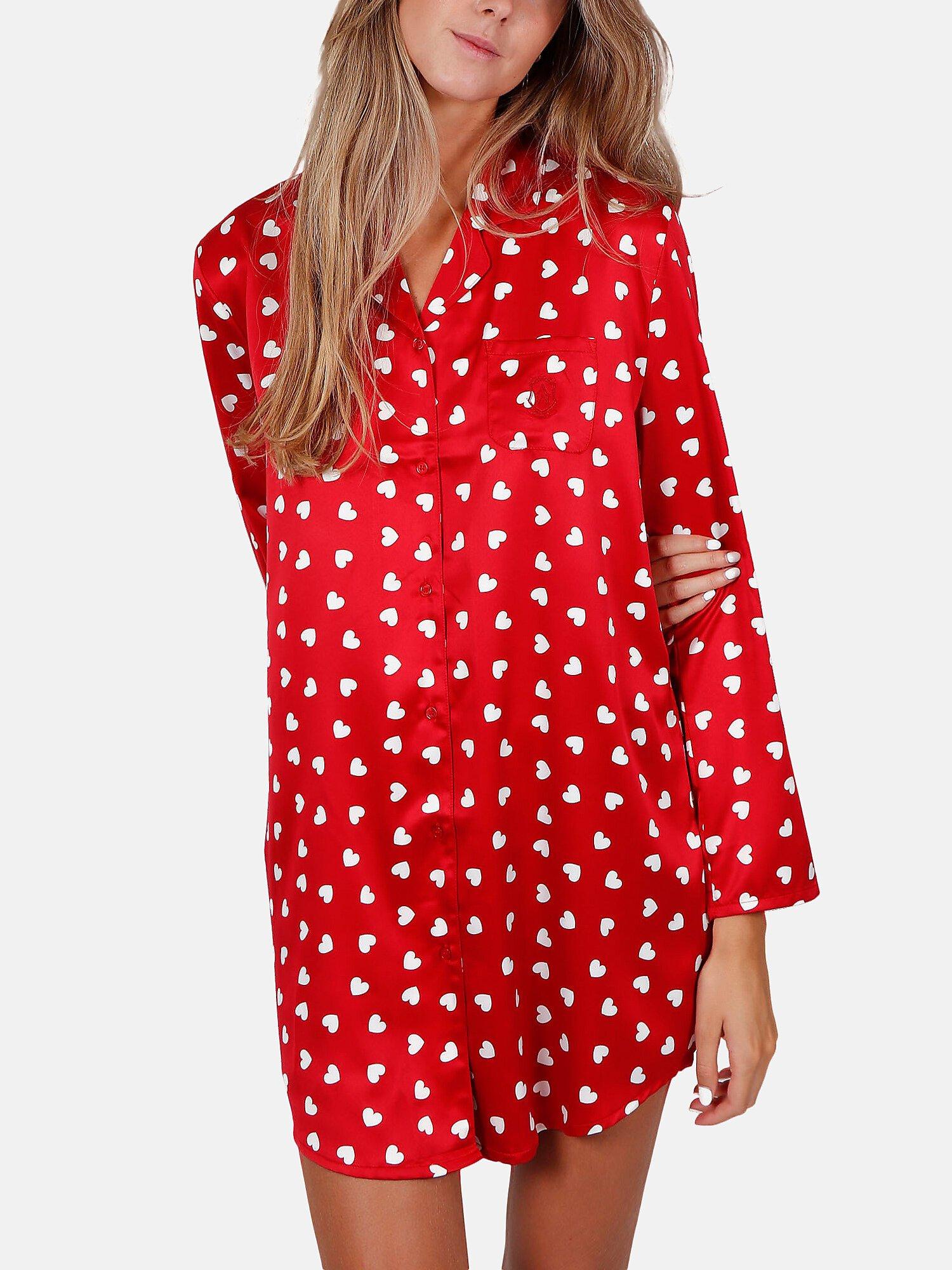 Image of Langärmeliges Nachthemd Aus Satin Love Christmas Damen Rot Bunt S