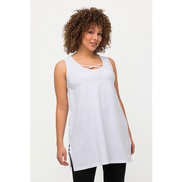 Top dal taglio lungo, svasato e smanicato con laccetti decorativi e scollo a girocollo